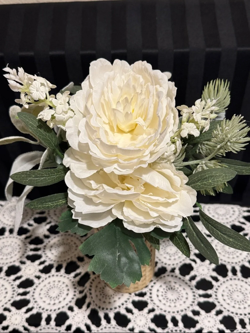 White Faux Peony Arrangement with greenery in a Textured Tan Vase